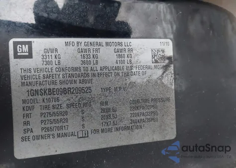 2011 Chevrolet Tahoe Lt z USA, uszkodzony, nr VIN 1GNSKBE09BR209525